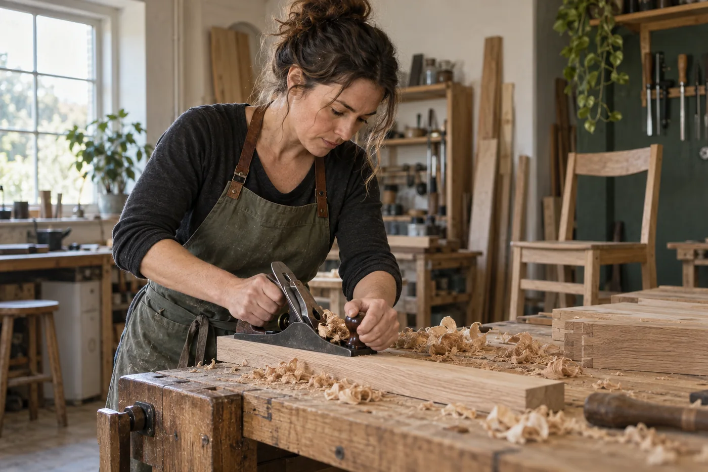 Eine Handwerkerin bearbeitet ein Werkstück an der Werkbank