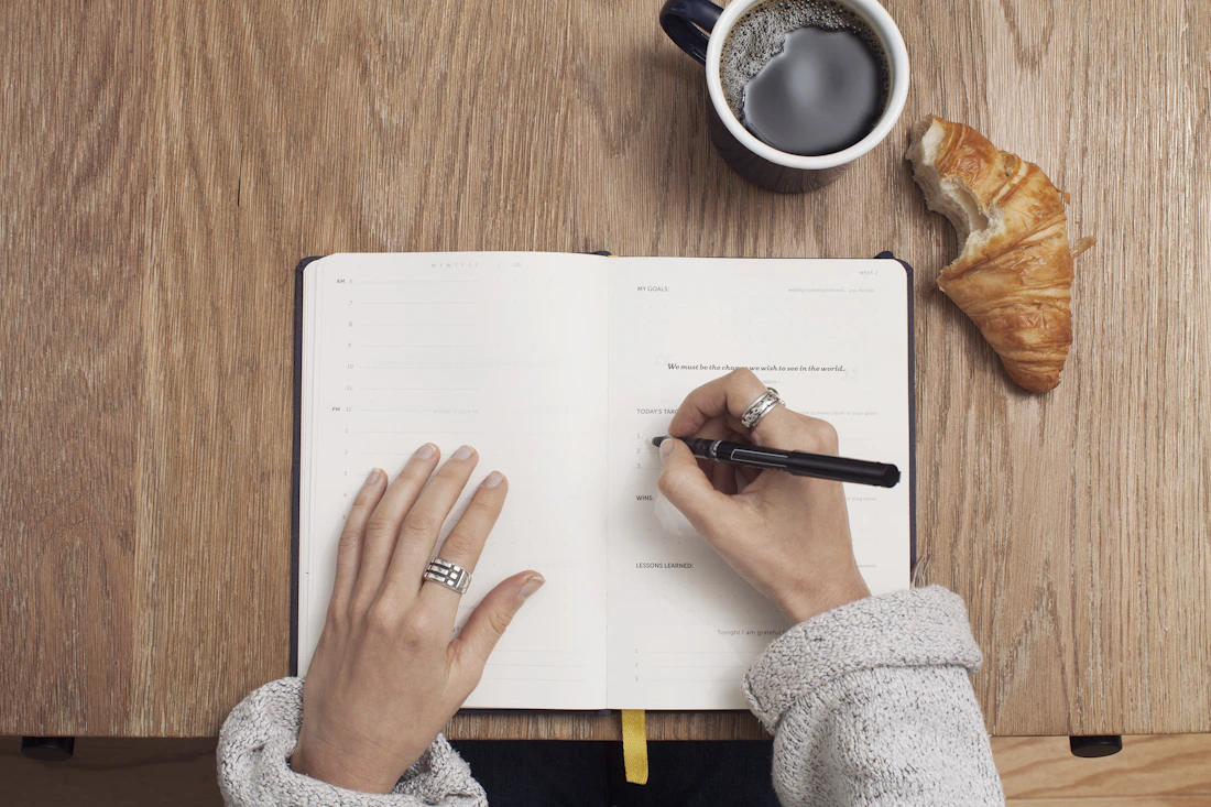Handschriftliche Themenplanung in einem aufgeschlagenen Notizbuch